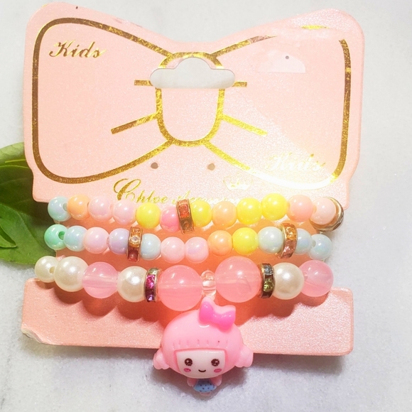 #1295 New Girls Korean Bracelet Beaded Pink Set